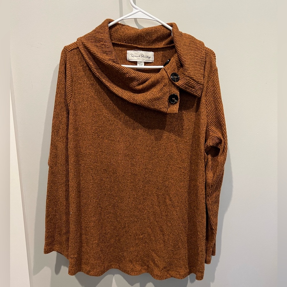French Laundry rust colored cowl neck sweater with button detail. 1X